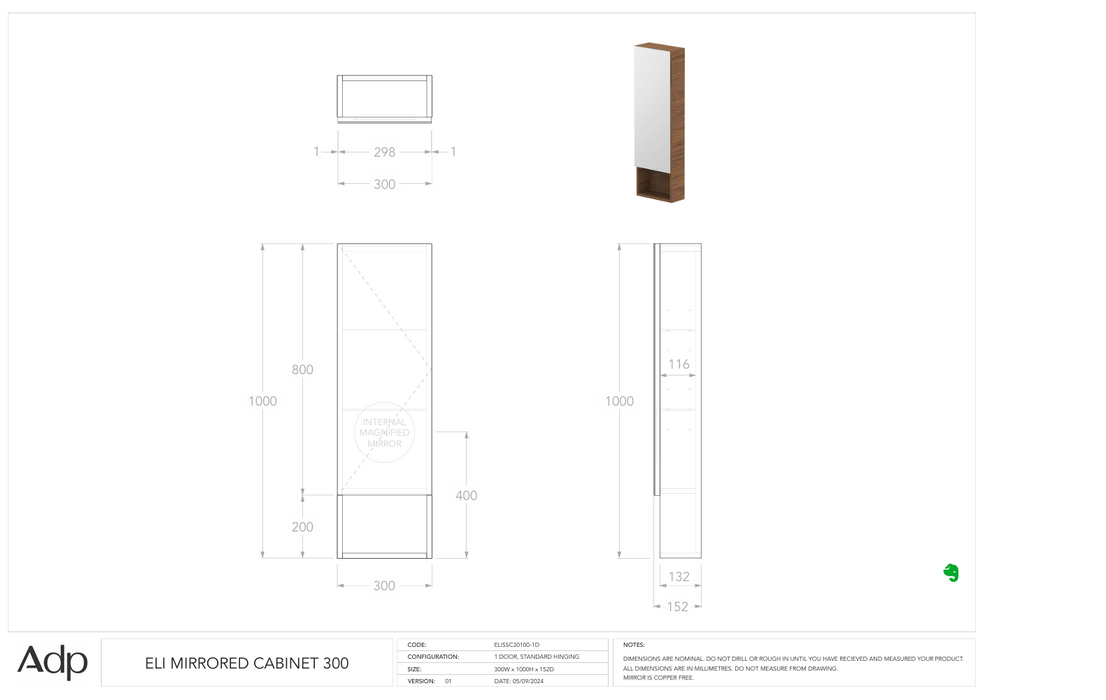 Eli Mirrored Cabinet 300 (Multiple Colour Options)