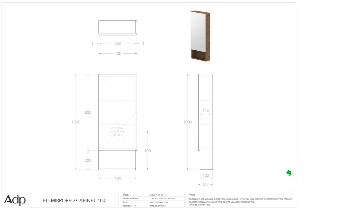 Eli Mirrored Cabinet 400 (Multiple Colour Options)
