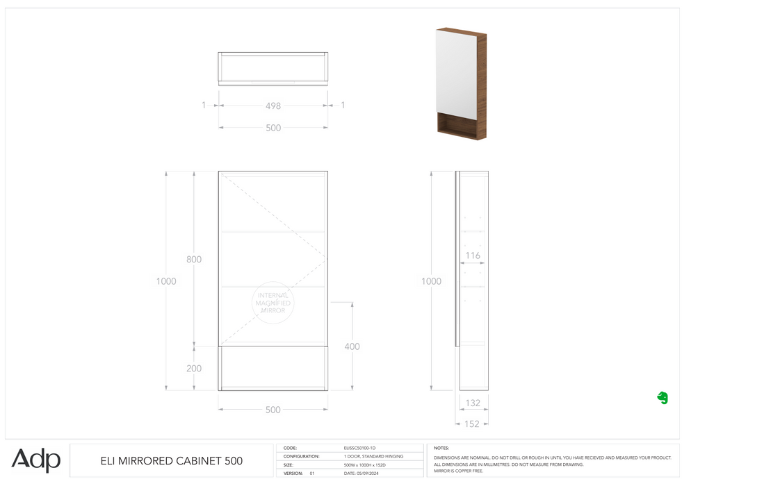 Eli Mirrored Cabinet 500 (Multiple Colour Options)