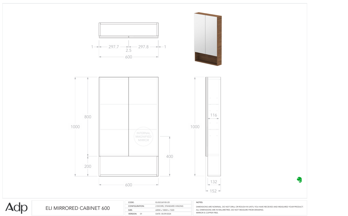 Eli Mirrored Cabinet 600 (Multiple Colour Options)