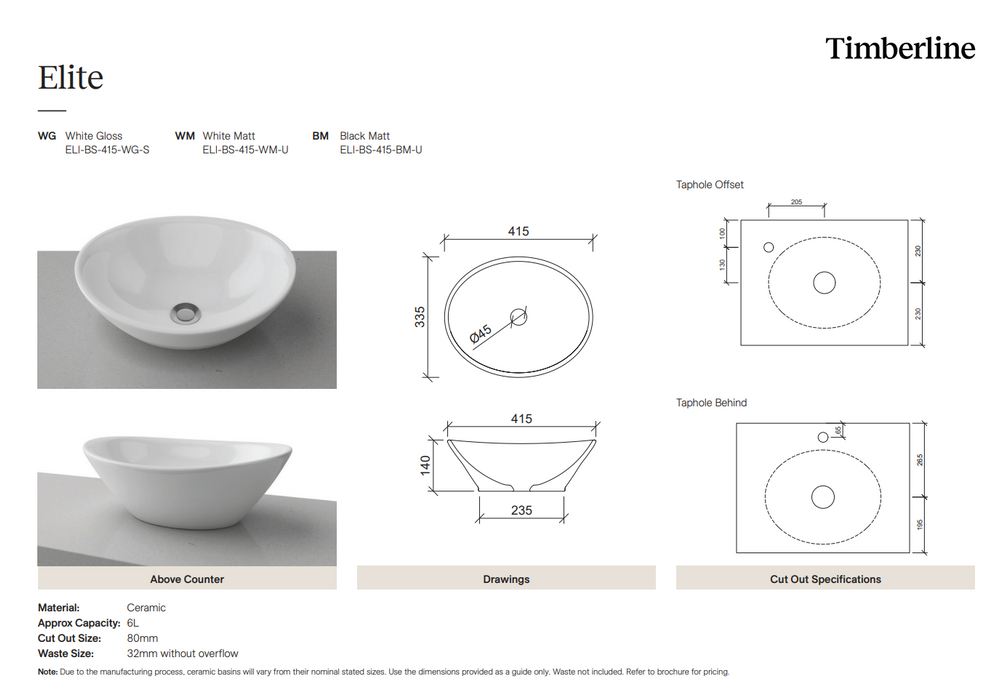 Timberline Rome Basin Timberline Elite Basin (Multiple Finish Options) — The Bathroom Biz