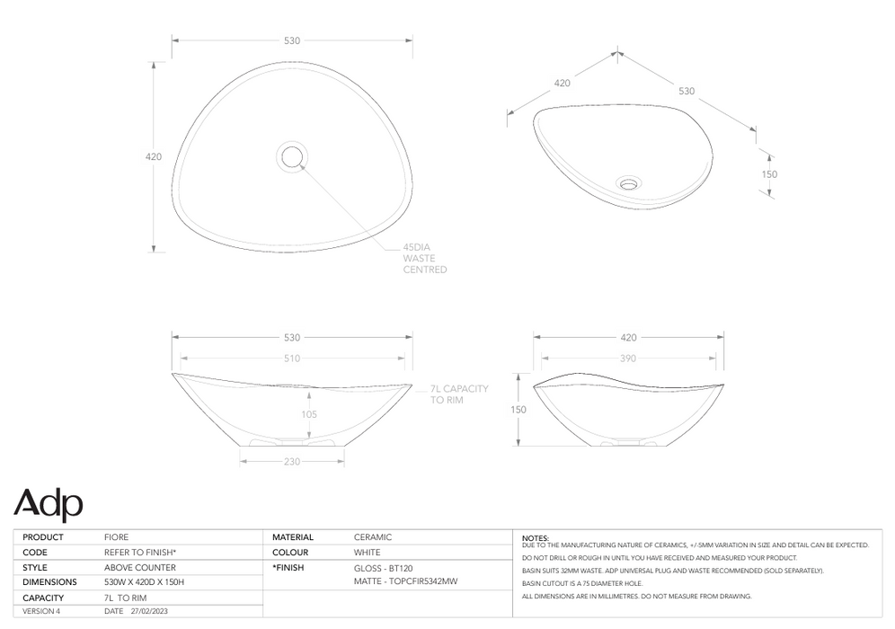 Fiore Above Counter Basin specs