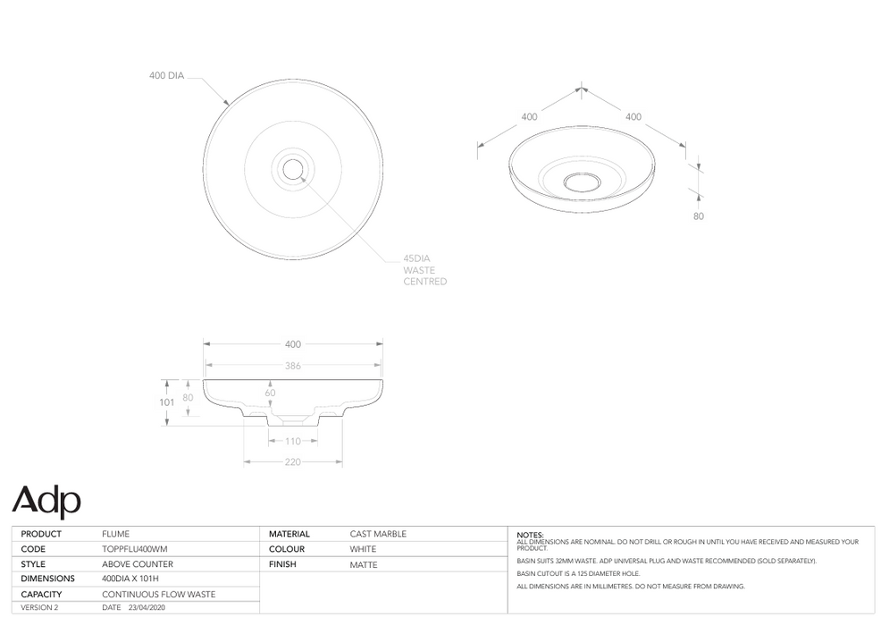 Flume Above Counter Basin Specs