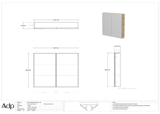 Glacier 1050 Mirror Cabinet Specs