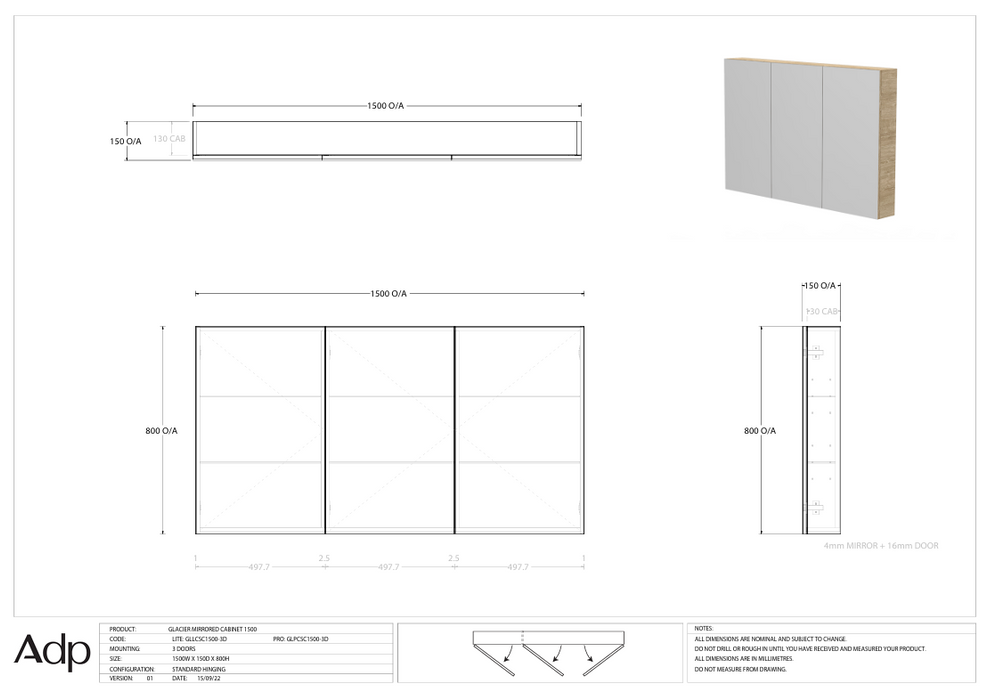 ADP Glacier Mirrored Cabinet 1500 (Multiple Colour Options)