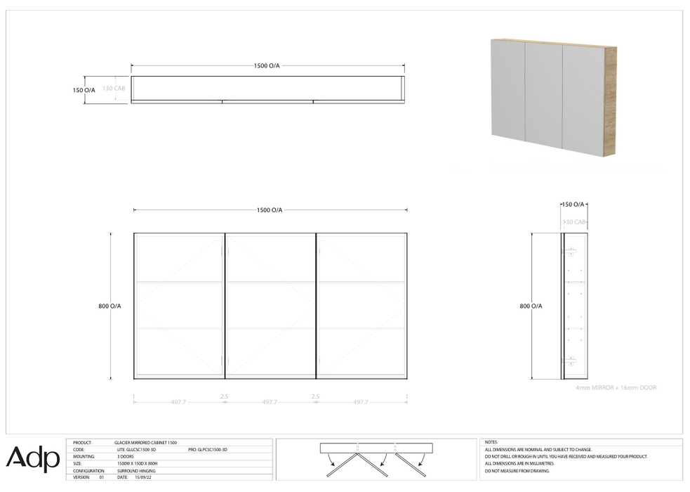 ADP Glacier Mirrored Cabinet 1500 (Multiple Colour Options)