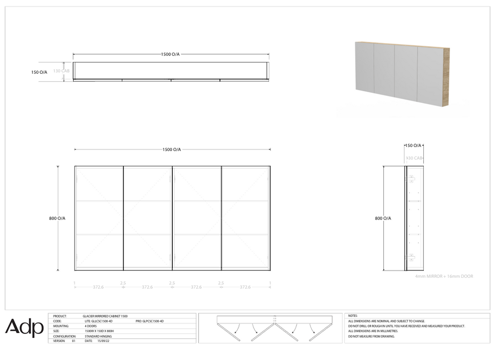 ADP Glacier Mirrored Cabinet 1500 (Multiple Colour Options)