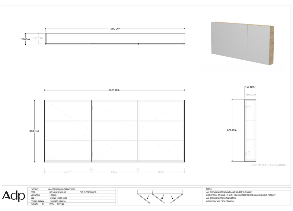 ADP Glacier Mirrored Cabinet 1800 (Multiple Colour Options)