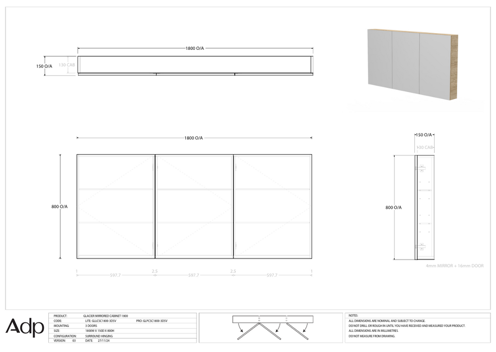 ADP Glacier Mirrored Cabinet 1800 (Multiple Colour Options)