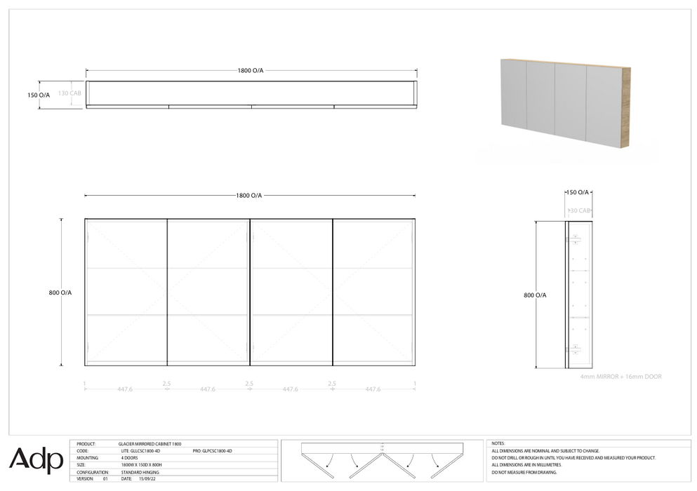 ADP Glacier Mirrored Cabinet 1800 (Multiple Colour Options)