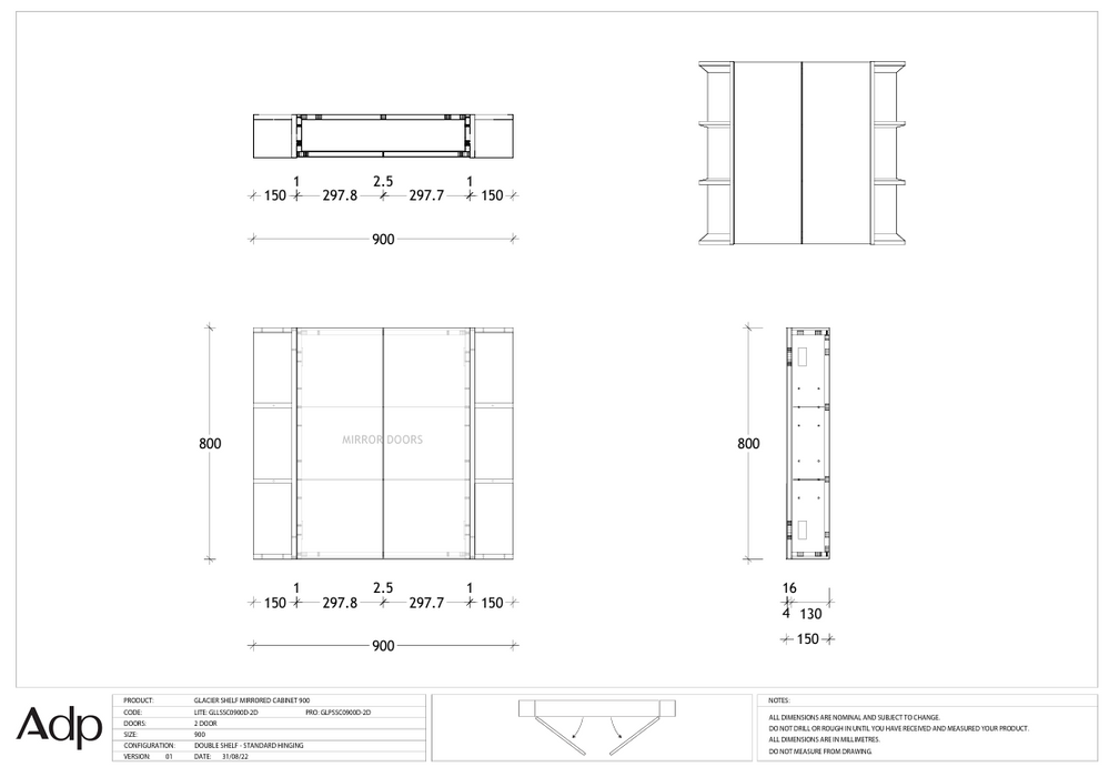ADP Glacier Shelf Mirrored Cabinet 900 (Multiple Colour Options)