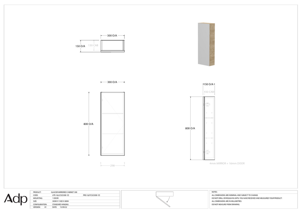 GLACIER MIRROR CABINET 300 SPECS