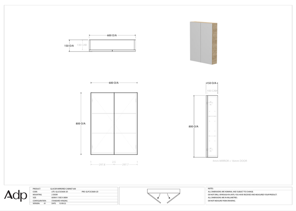 Glacier 600 Mirror Cabinet Specs