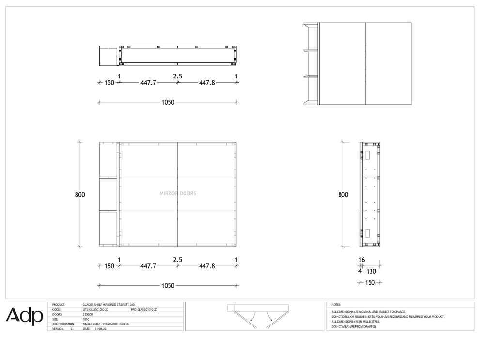ADP Glacier Shelf Mirrored Cabinet 1050 (Multiple Colour Options)