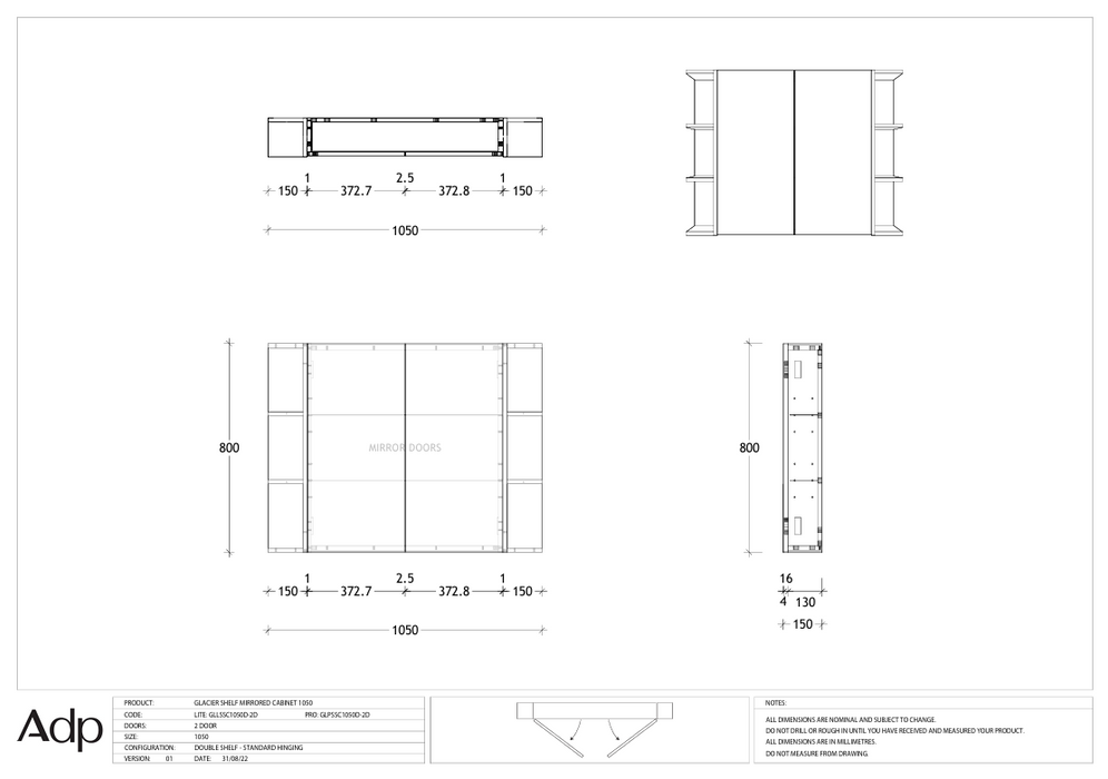 ADP Glacier Shelf Mirrored Cabinet 1050 (Multiple Colour Options)