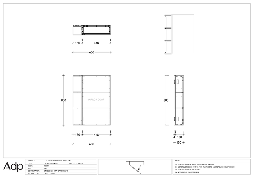 ADP Glacier Shelf Mirrored Cabinet 600 (Multiple Colour Options)