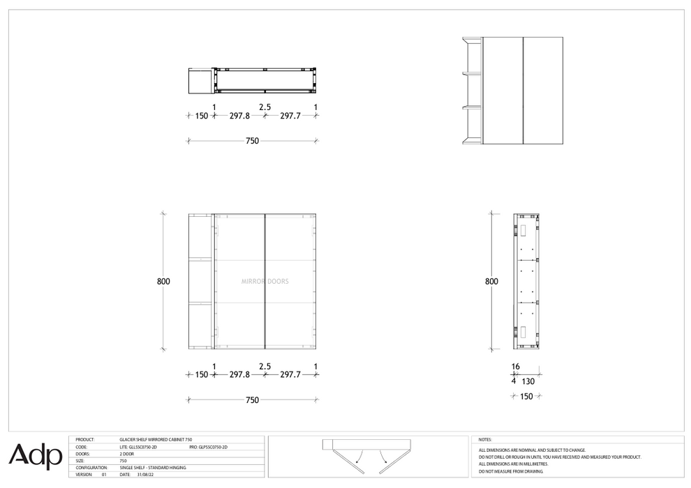 ADP Glacier Shelf Mirrored Cabinet 750 (Multiple Colour Options)