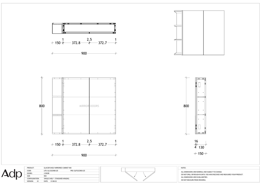 ADP Glacier Shelf Mirrored Cabinet 900 (Multiple Colour Options)