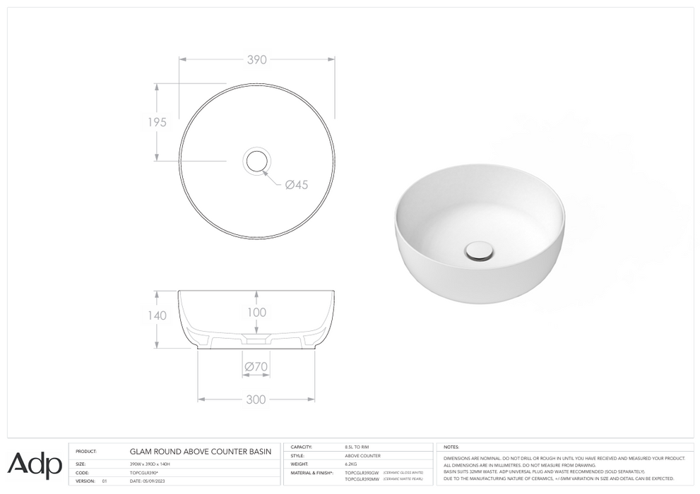 Glam Round Above Counter Basin Matte Pearl Specs