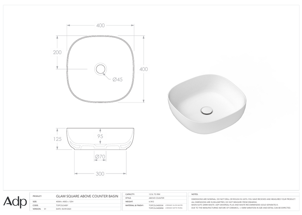 Glam Square Above Counter Basin GW Specs