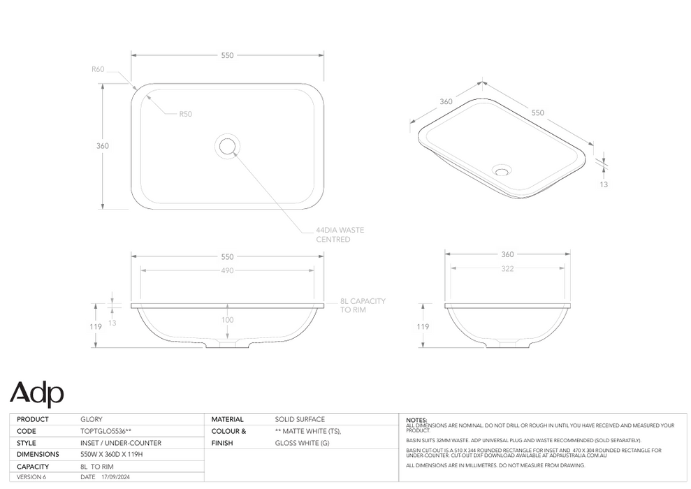 Glory Inset/Undercounter Basin Specs