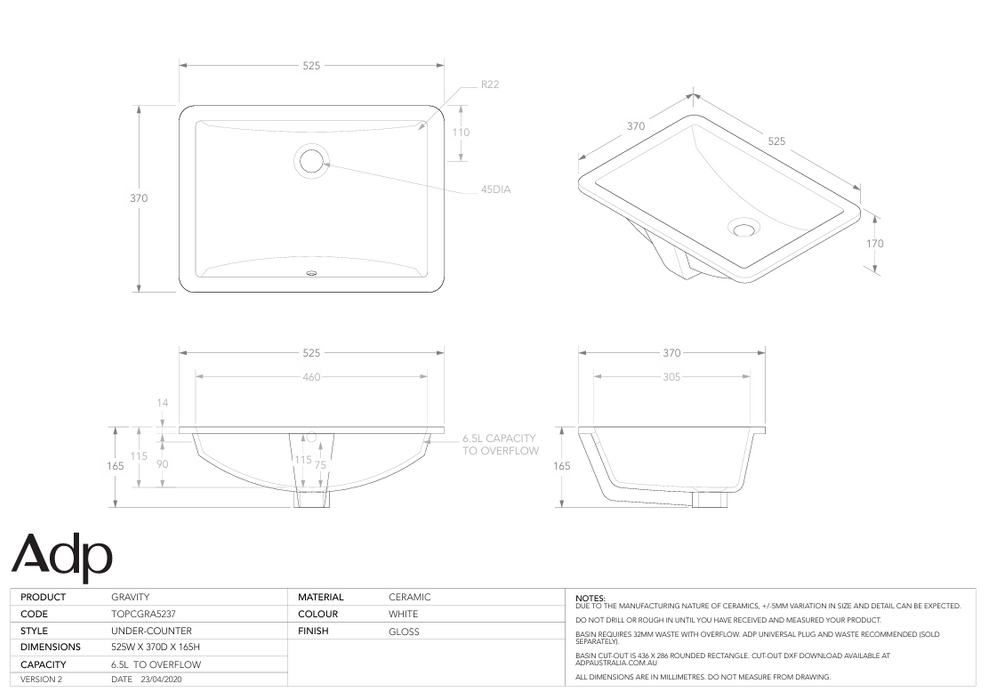 Gravity Undercounter Basin Specs