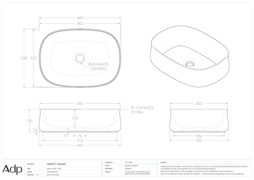 Hewitt Above Counter Basin Specs