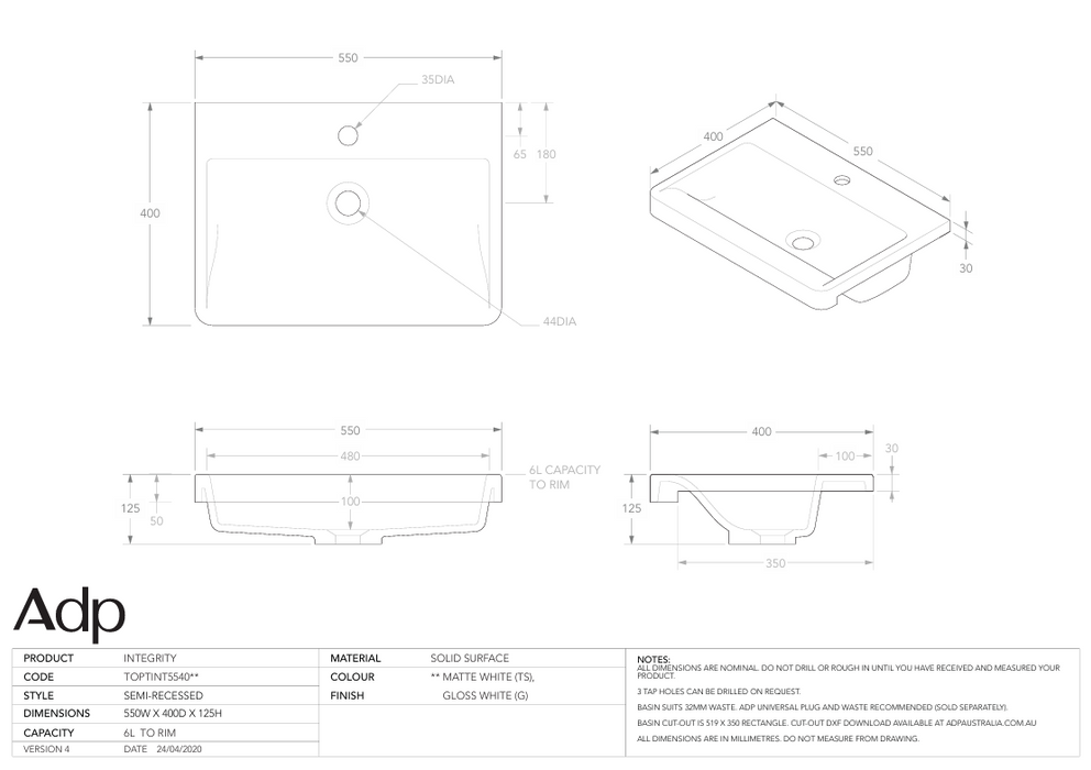 Integrity Semi Inset Basin (Multiple Colour Options)