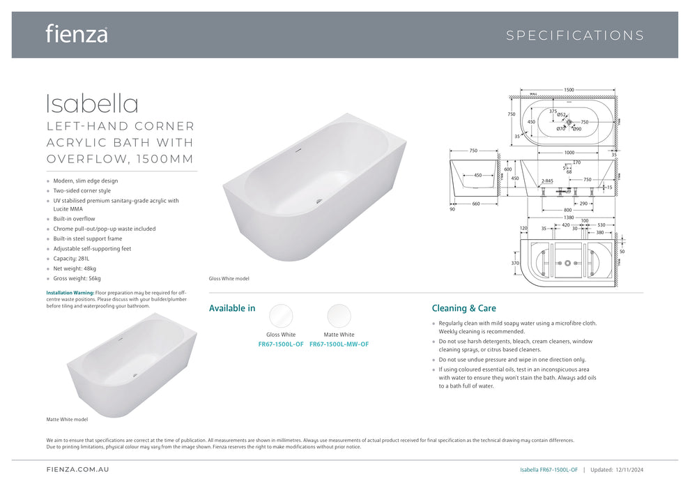 Fienza Isabella Left Corner Acrylic Bath with Integrated Overflow (Multiple Size & Finish options)