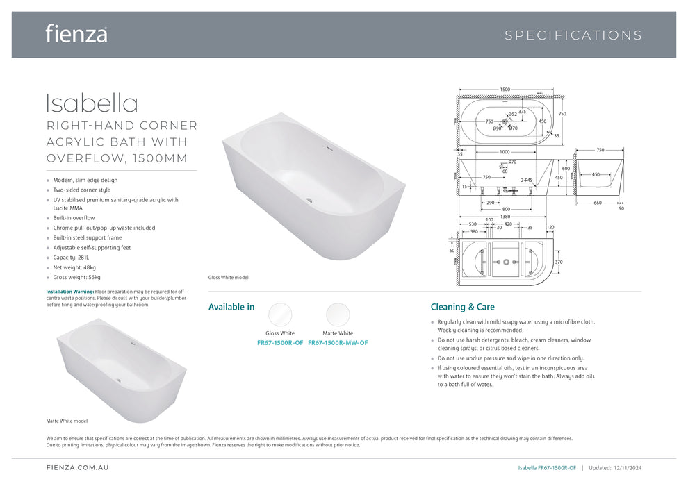 Fienza Isabella Right Corner Acrylic Bath with Integrated Overflow (Multiple Size & Finish Options)