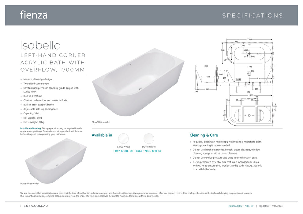 Fienza Isabella Left Corner Acrylic Bath with Integrated Overflow (Multiple Size & Finish options)