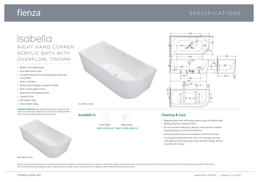 Fienza Isabella Right Corner Acrylic Bath with Integrated Overflow (Multiple Size & Finish Options)