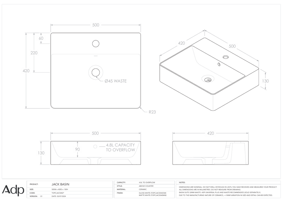 Jack Above Counter Specs