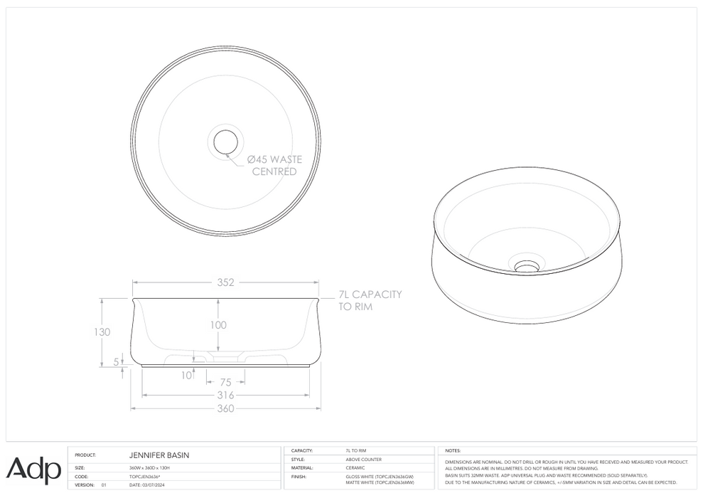 Jennifer Above Counter Basin Specs