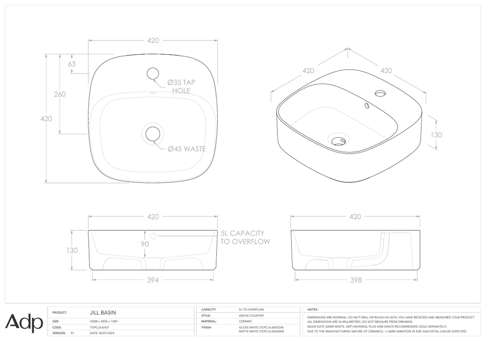 Jill Above Counter Basin Specs