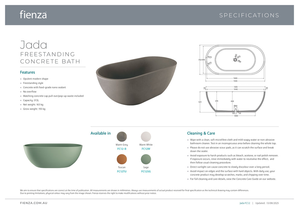 Fienza Jada 1500 Concrete Bath (Multiple Finish Options)