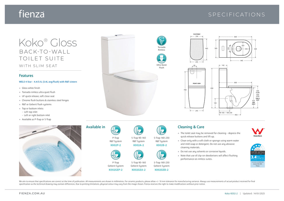 Fienza Koko Back To Wall Toilet Suite