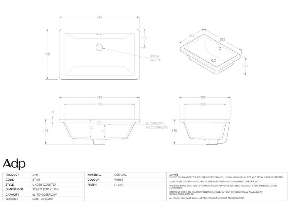 Link Undercounter Basin Specs