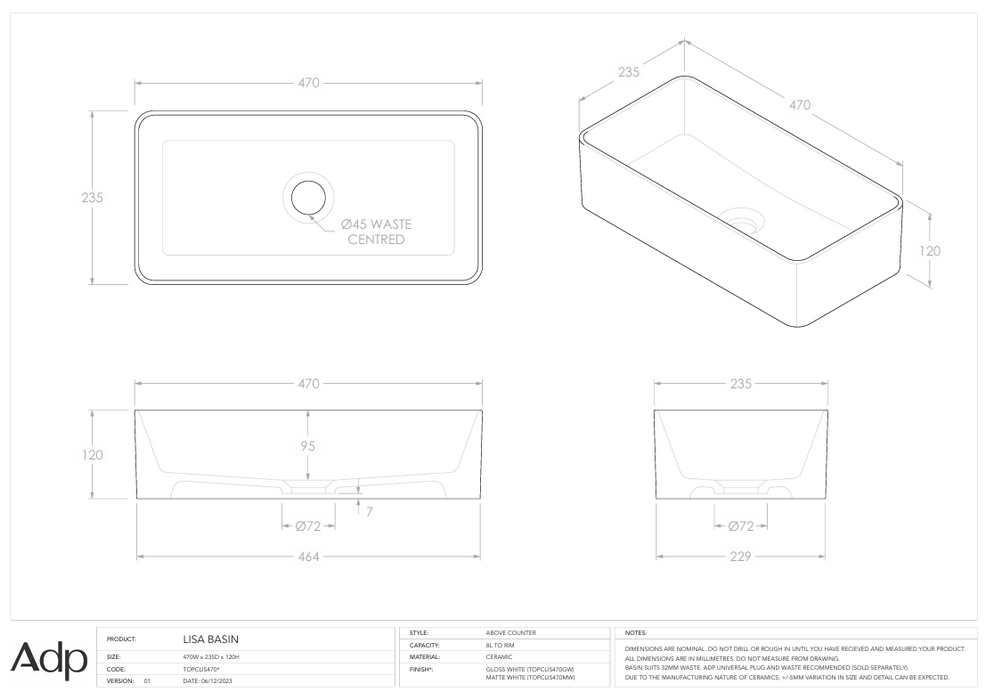 Lisa Above Counter Basin Specs