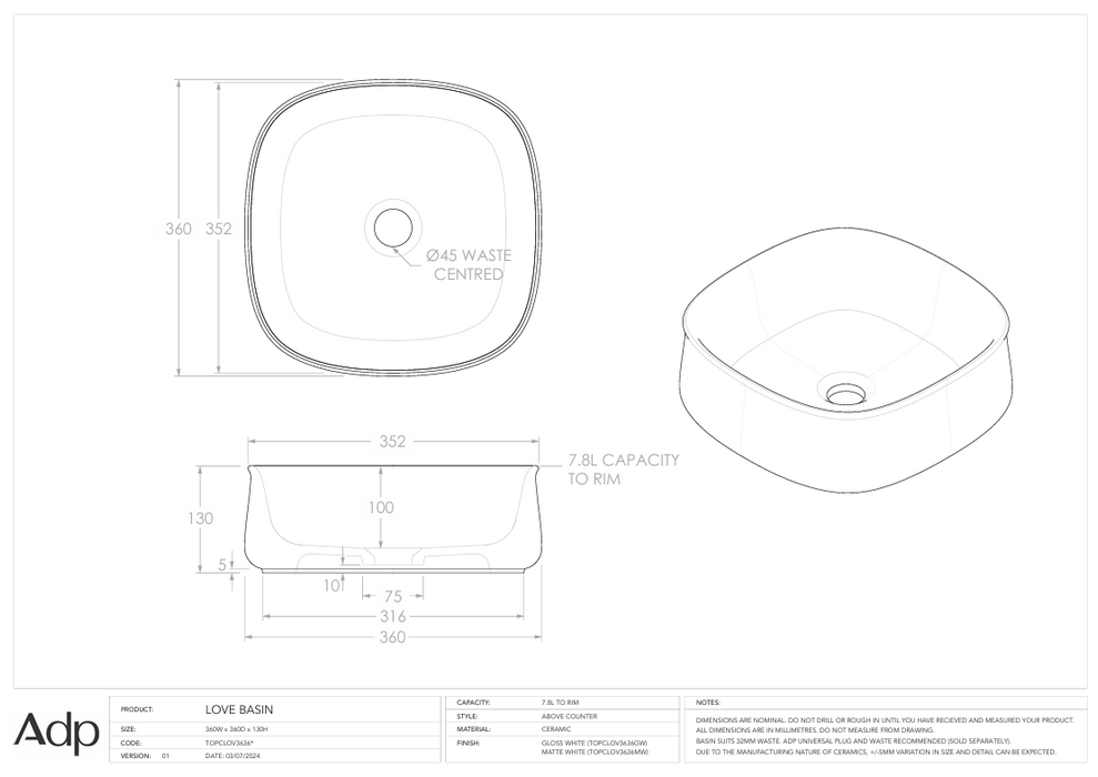Love Above Counter Basin Specs