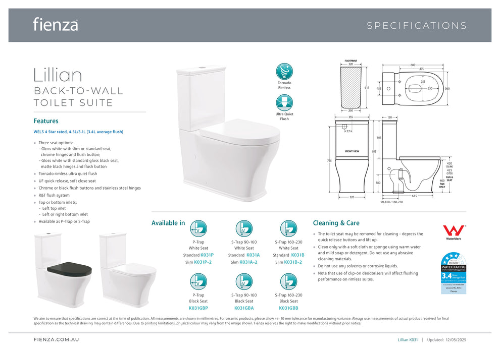 Fienza Lillian Back To Wall Toilet Suite