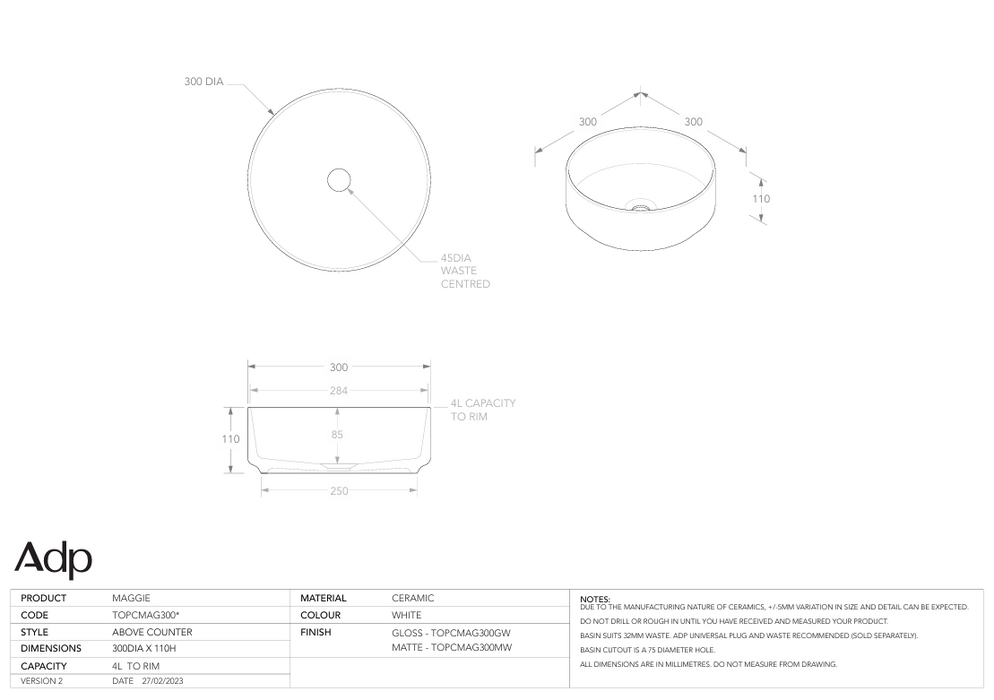 Maggie Above Counter Basin (Multiple Colour Options)