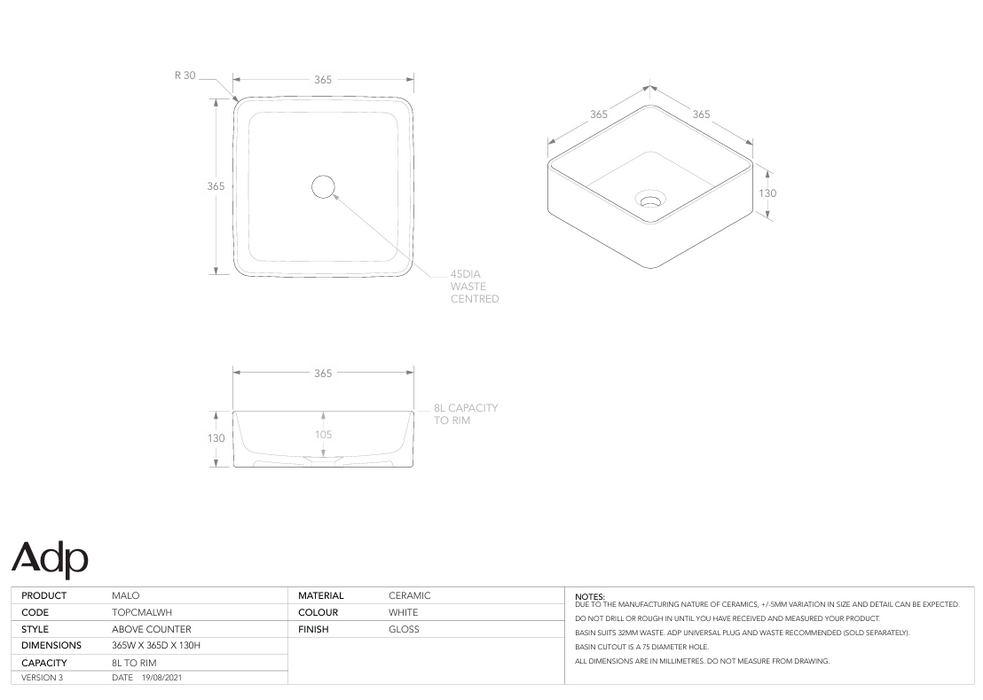 Malo Above Counter Basin Specs