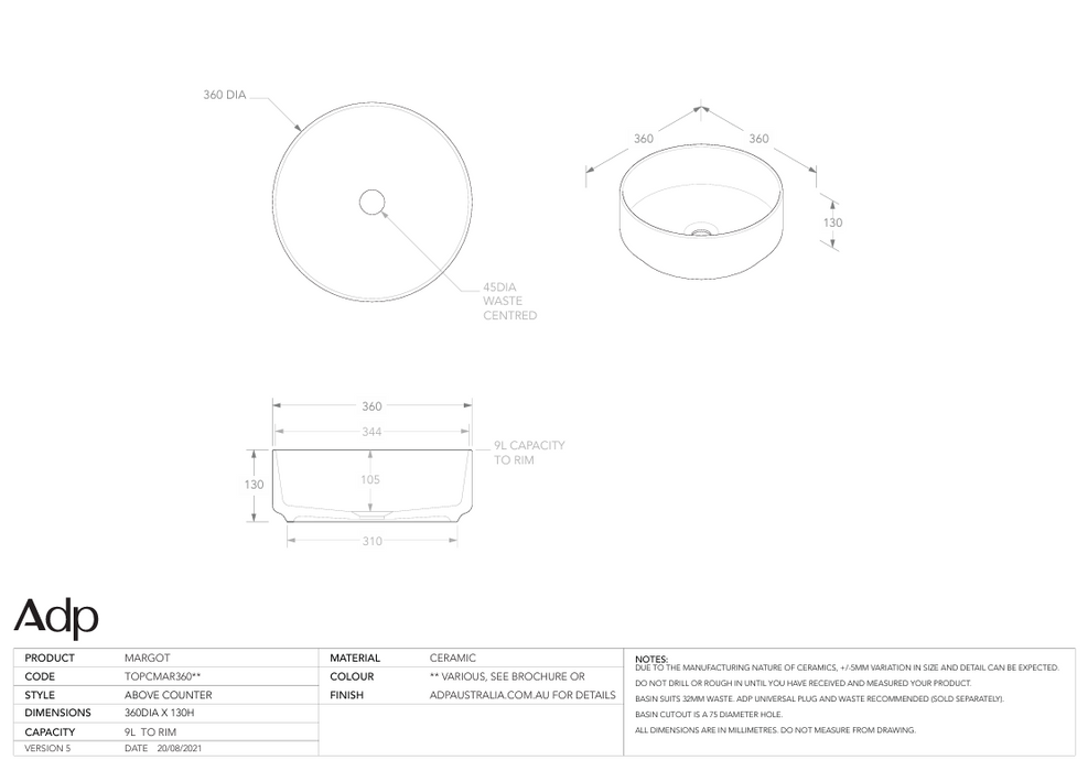 Margot Above Counter Basin Specs