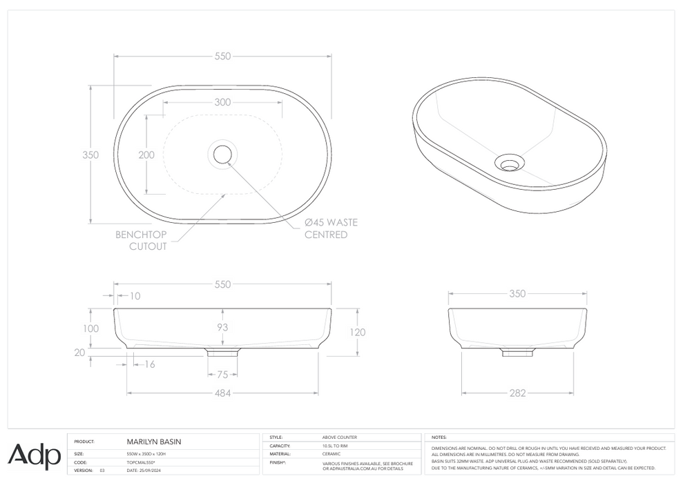 Marilyn Above Counter Basin Specs