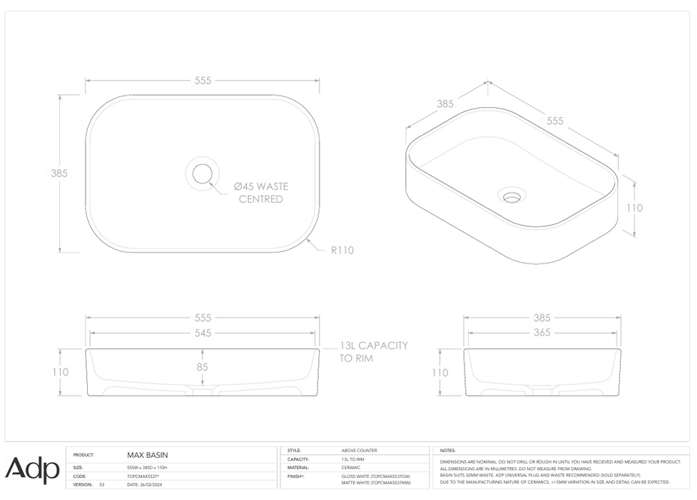 Max Above Counter Basin (Multiple Colour Options)