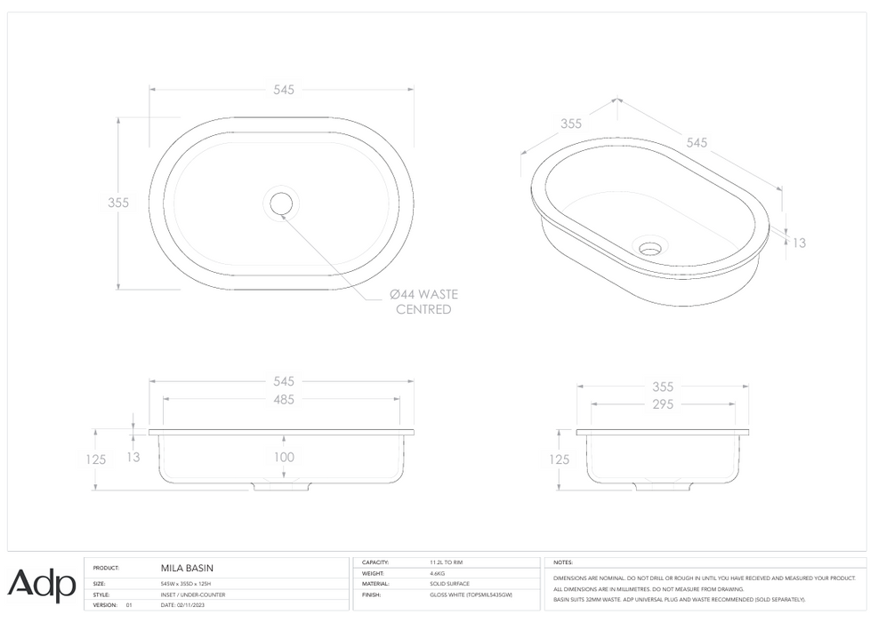 Mila Inset/Undercounter Basin Gloss White