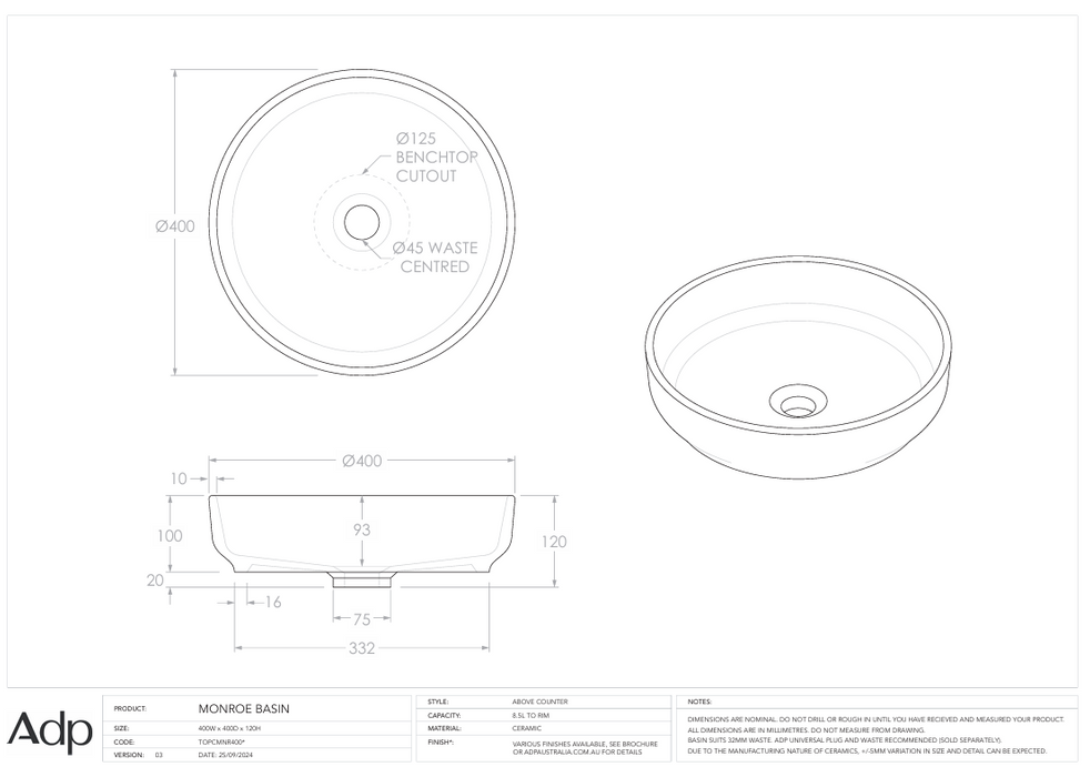 Monroe Above Counter Basin Specs