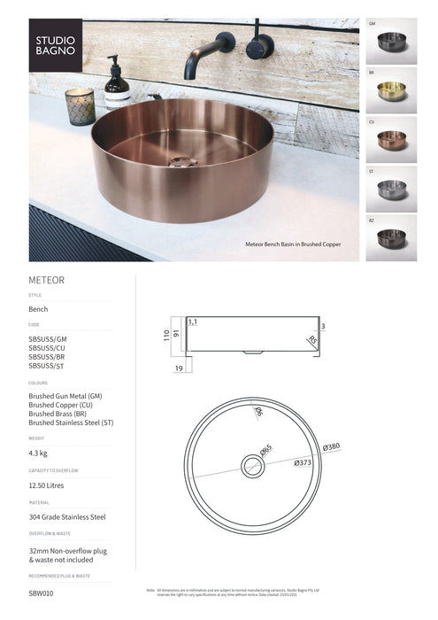 Meteor Round Above Counter Basin (Multiple Finish options)
