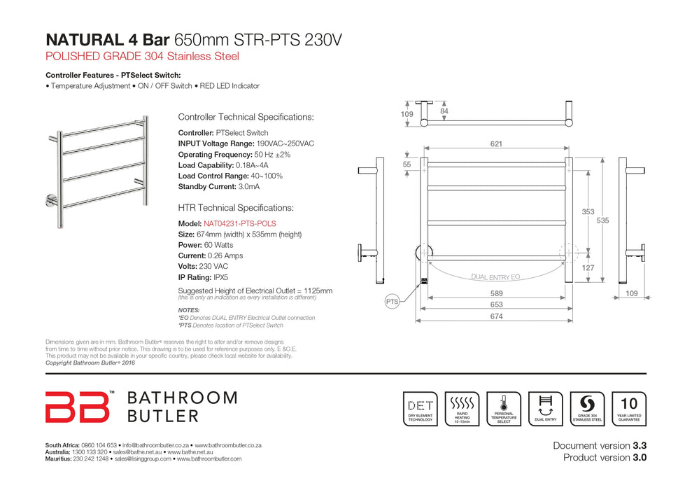 Bathroom Butler | NATURAL 4 Bar 650mm Straight Heated Towel Rail with PTSelect Switch (Polished Stainless Steel)